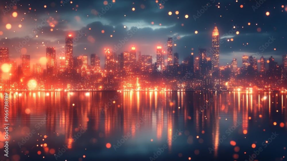 Obraz premium Cityscape at Dusk with Reflections in Water and Bokeh Lights