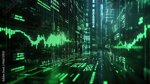 Green stock market chart and trading data in the dark, cyberpunk style