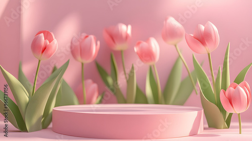 Pink podium 3d podium copy space concept. Pastel pink background with pink tulips flowers decoration. Cosmetic podium abstract field studio display pink tulips flowers backdrop.