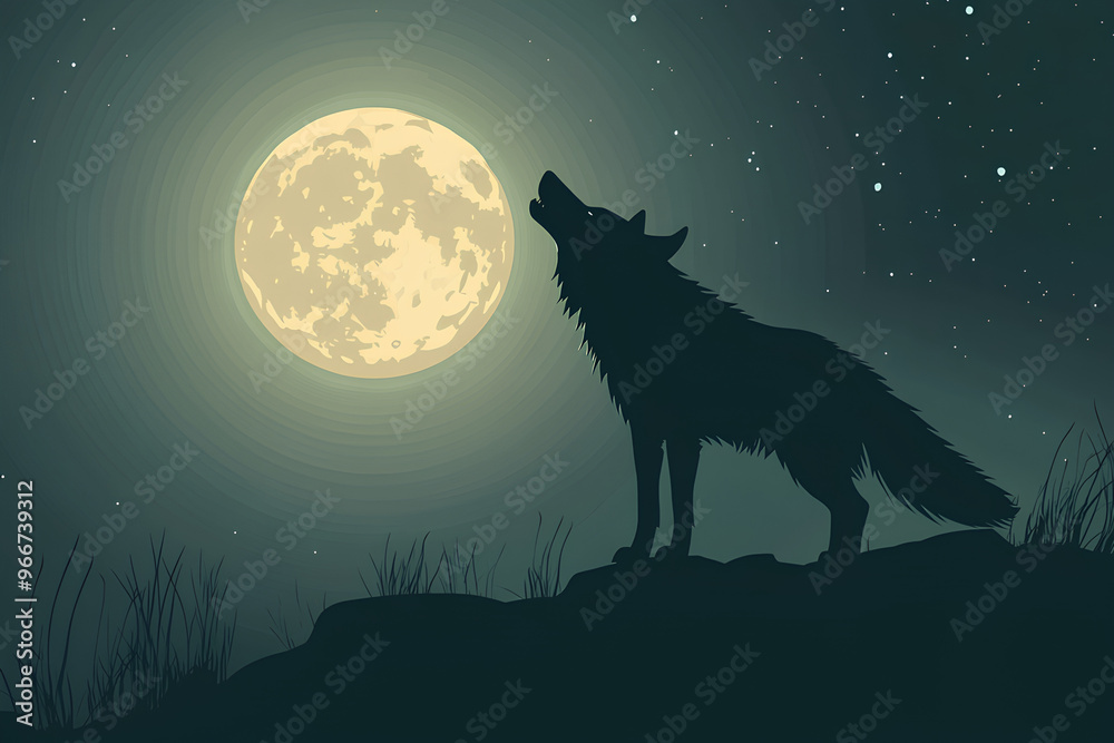 A silhouette of a wolf howling at a bright full moon in a starry night sky. A silhouette of a wolf howling at a bright full moon in a starry night sky.
