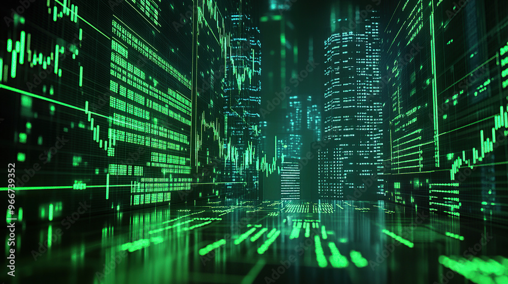 Green stock market chart and trading data in the dark, cyberpunk style Green stock market chart and trading data in the dark, cyberpunk style