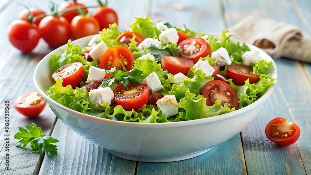 Fresh green salad with cherry tomatoes and crumbled feta cheese in a white bowl Fresh green salad with cherry tomatoes and crumbled feta cheese in a white bowl