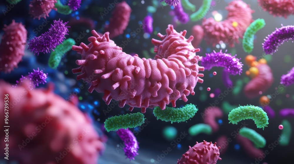 Naklejka premium A colorful image of various bacteria and viruses floating in the air