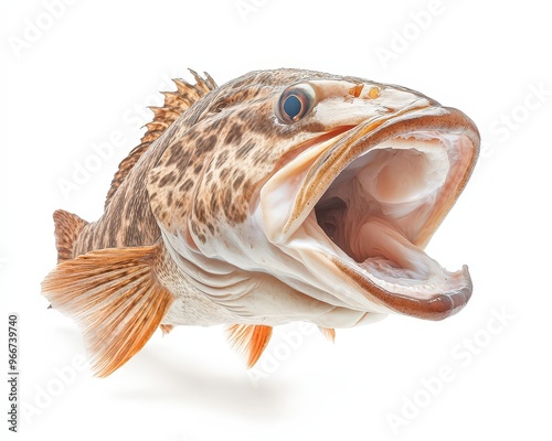 A fish with its mouth open is shown in a white background