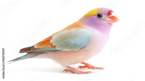 A colorful bird with a yellow beak and orange feet stands on a white background