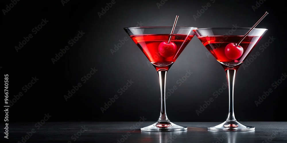 Vibrant red cocktail served in two elegant martini glasses on a black background