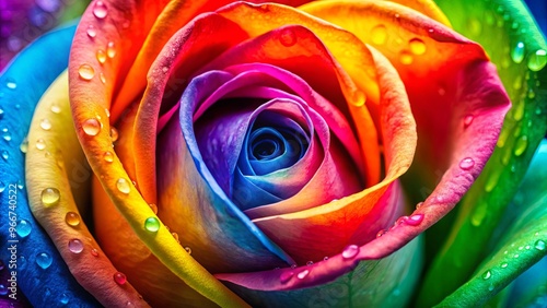 Vibrant macro photo of a rose with multicolored petals in rainbow colors, perfect for pride week or romance celebrations