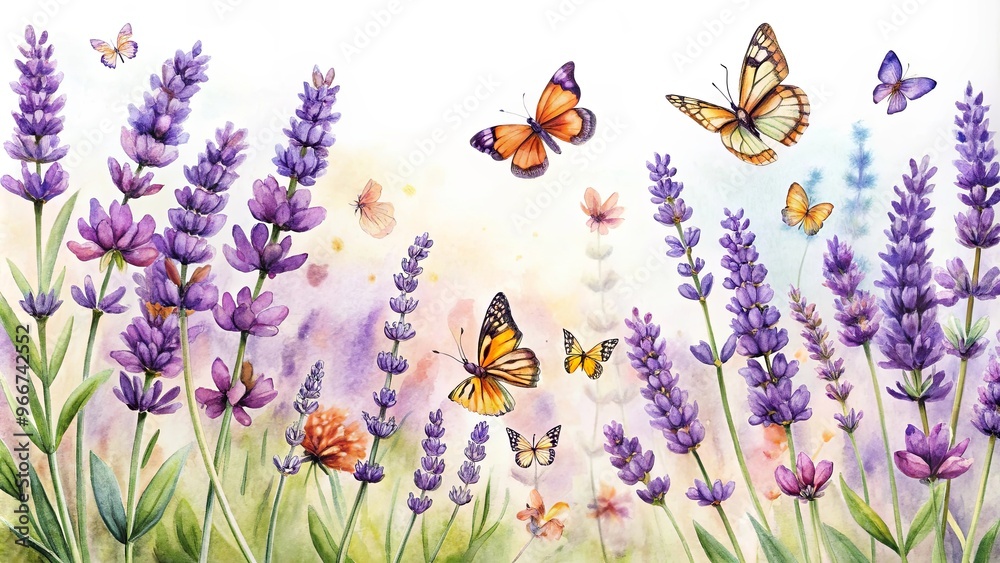 Watercolor card with summer lavender flowers and butterf Watercolor card with summer lavender flowers and butterf