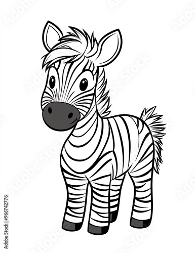  Cute cartoon zebra coloring page for kids with crisp lines and a white background, simple style, no shading. 