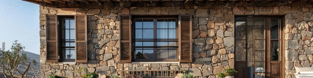 Colonial-style house facade built with quarry stone typical of arid areas. Colonial-style house facade built with quarry stone typical of arid areas.