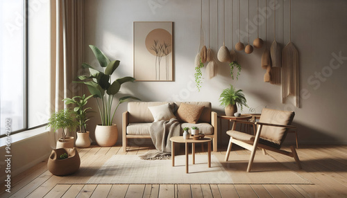 Wallpaper Mural A modern interior design with a minimalist aesthetic, featuring natural wooden furniture, earth-toned fabrics, and potted plants creating a calm and organic atmosphere. Torontodigital.ca