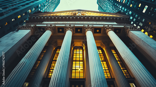Low-angle photograph of tall white columns in front of a stock exchange building, New York City architecture