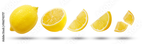 Flying lemon has water drop with slices lemon collection and shadow isolated on white background , clipping path.