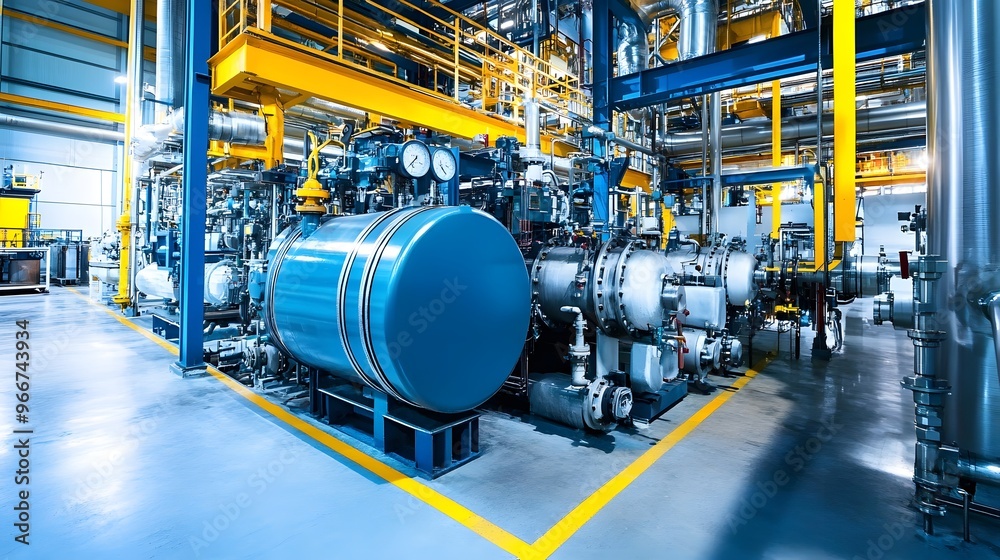 A large industrial plant with a lot of machinery and pipes. The atmosphere is industrial and mechanical. Scene is one of efficiency and productivity A large industrial plant with a lot of machinery and pipes. The atmosphere is industrial and mechanical. Scene is one of efficiency and productivity