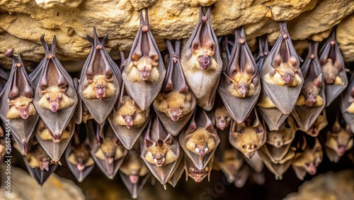 Close up horizontal picture of an endangered colony of lesser horseshoe bats hibernating in a European cave photo