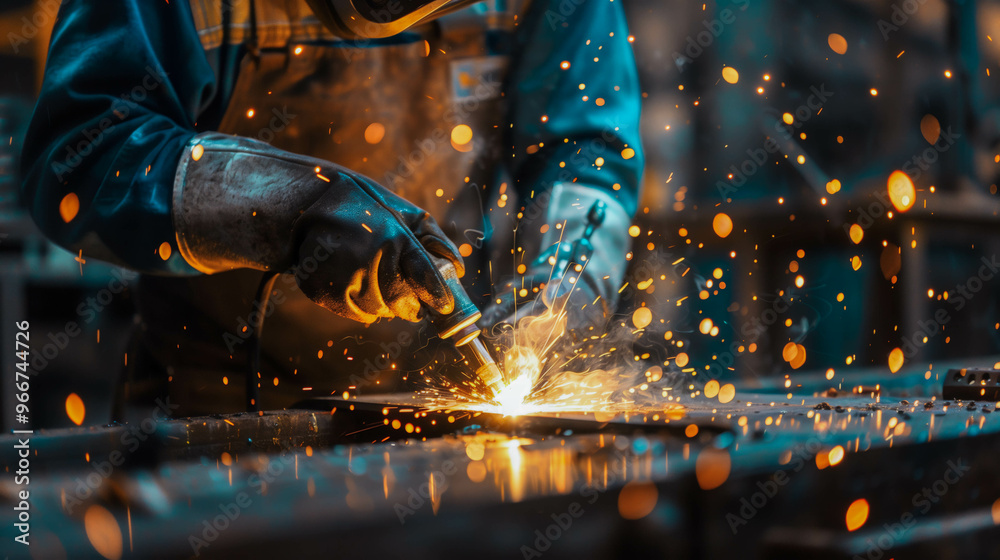 Welder at Work with Flying Sparks in an Industrial Setting Welder at Work with Flying Sparks in an Industrial Setting