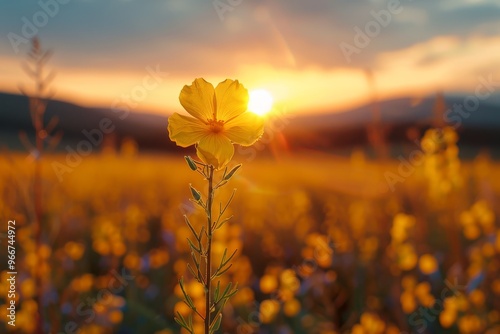 Green Vine with Yellow Flowers Against Sunset Background in Blurred Fields