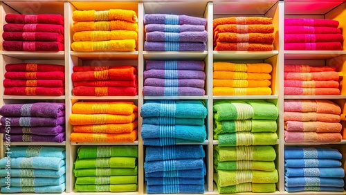 Vibrant multicolour towel rolls stacked neatly on a shelf photo