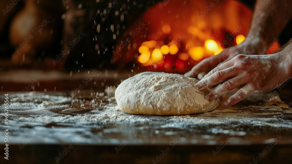 Obraz premium Traditional Sourdough Bread Baking in Wood-Fired Oven