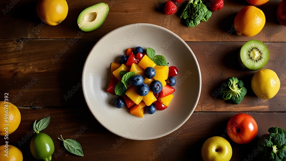 Fresh Fruit Salad with Blueberries Mango Strawberry and Mint on Wooden Table Fresh Fruit Salad with Blueberries Mango Strawberry and Mint on Wooden Table