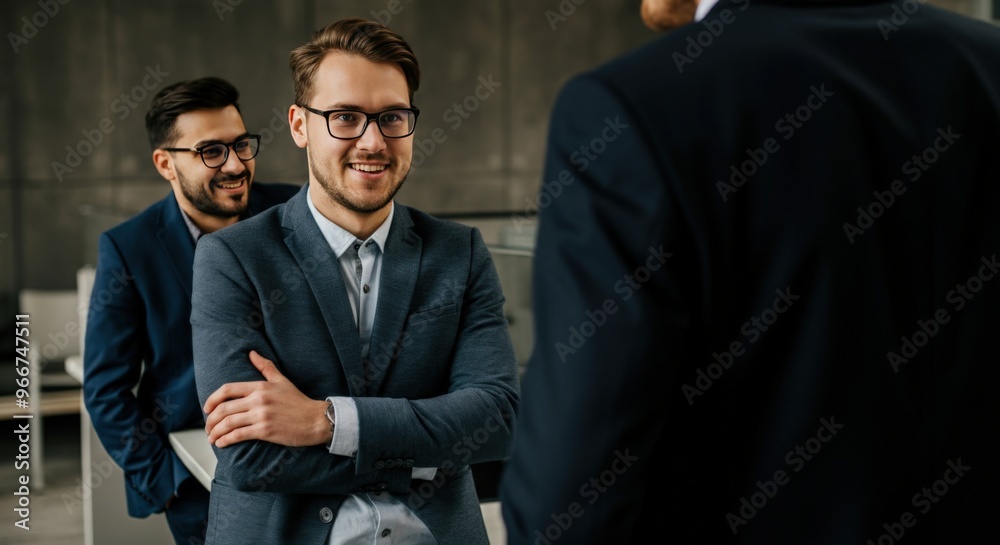 Businessmen in suits talking and smiling Businessmen in suits talking and smiling