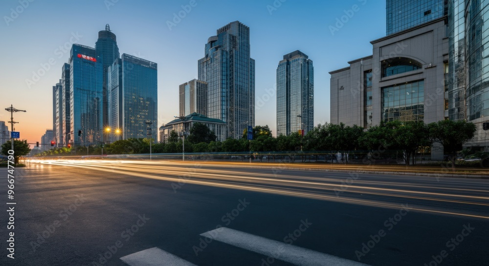 Cityscape with Skyscrapers and Empty Road at Dusk Cityscape with Skyscrapers and Empty Road at Dusk