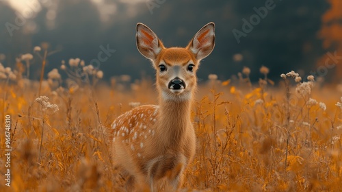 A young deer standing in a field of tall grass