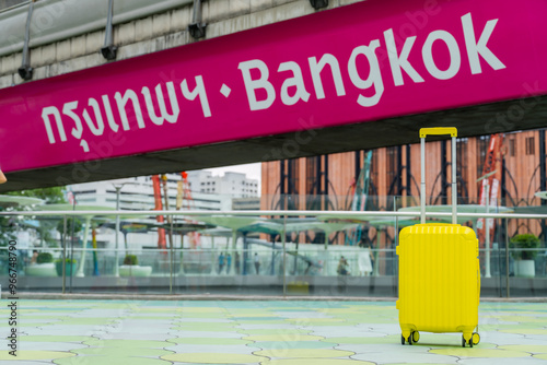The suitcases in Sky walk of MBK Shopping Center.Famous destinations in Bangkok,Thailand, Landmark Tourism advertising logo on BTS sky train track, Thai word translation : Bangkok, vacation concept.