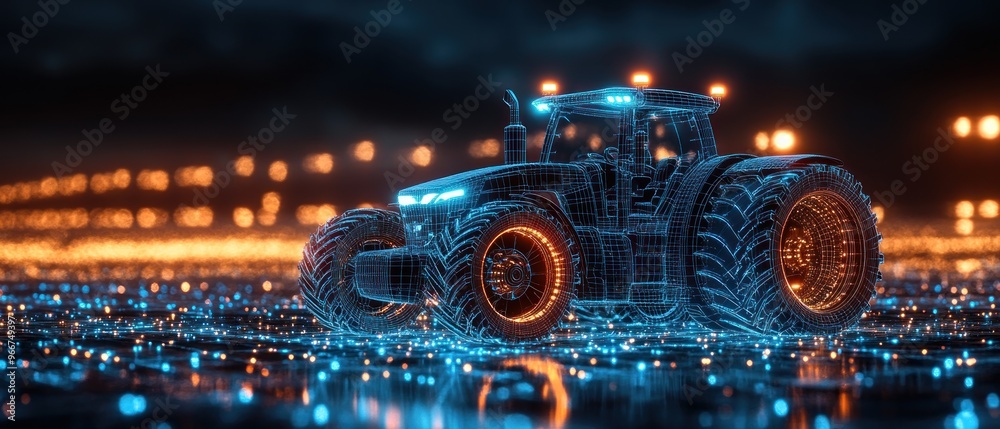 Wireframe Tractor with Glowing Lights and Bokeh Wireframe Tractor with Glowing Lights and Bokeh