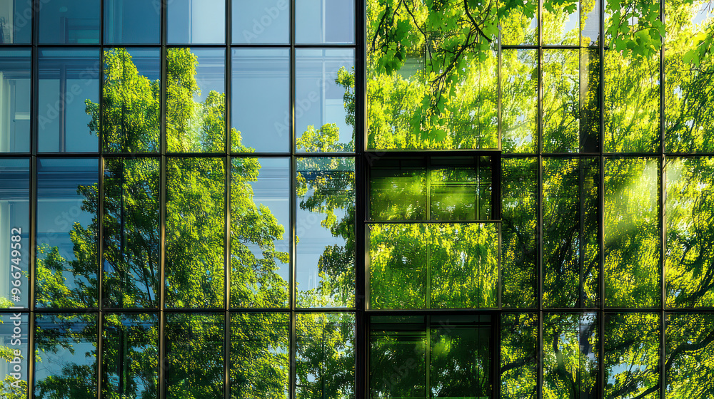 Green building reflection of trees in glass window Green building reflection of trees in glass window