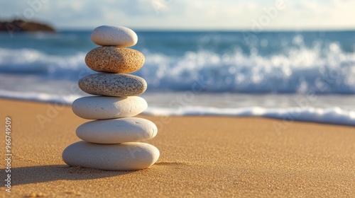 Stacked smooth stones on sandy beach with ocean waves, tranquility and balance concept