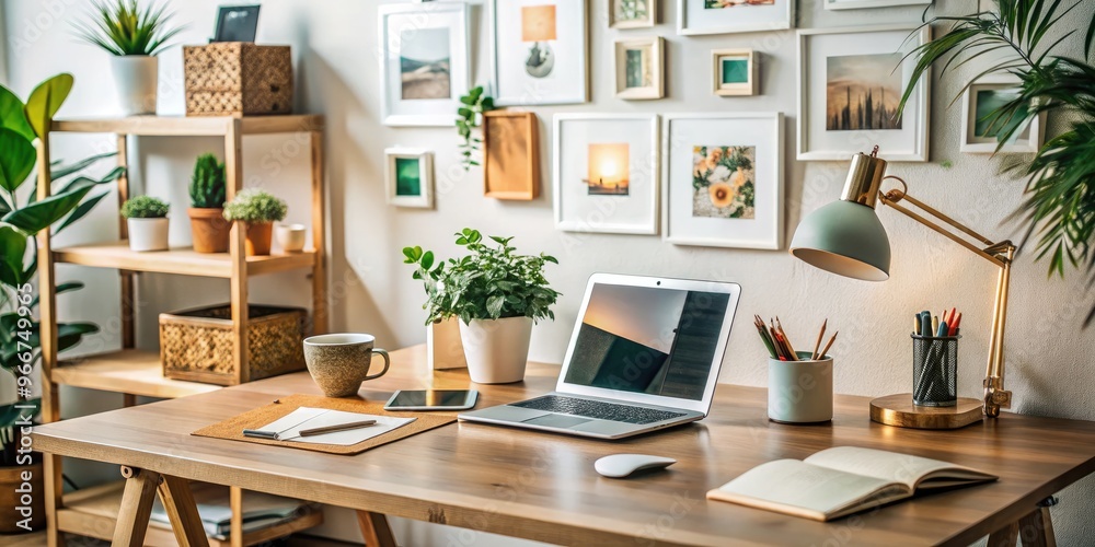 A beautifully organized desk features a laptop, interior design books, and decorative items, surrounded by inspirational prints and notes, invoking creative planning and design. A beautifully organized desk features a laptop, interior design books, and decorative items, surrounded by inspirational prints and notes, invoking creative planning and design.