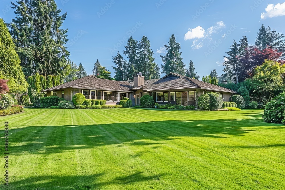 Beautiful Suburban Home with Light Brown Exterior, Green Grass and Trees in Backyard, Large Front Yard, East Coast USA near Seattle