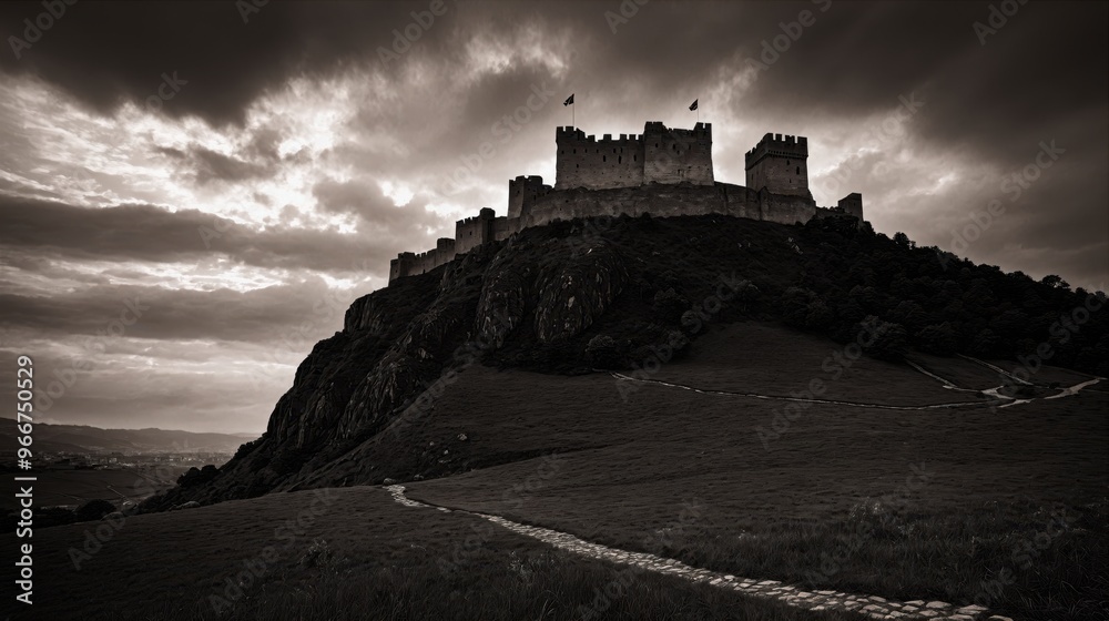 generative ai, Majestic Castle on Hill under Dramatic Cloudy Sky in Monochrome generative ai, Majestic Castle on Hill under Dramatic Cloudy Sky in Monochrome