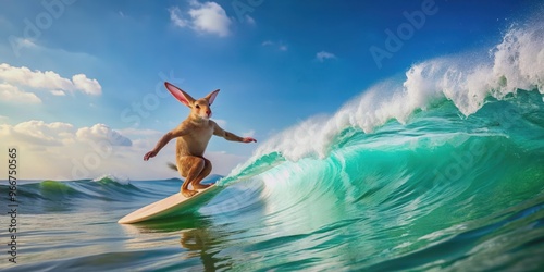 Surfer rabbit riding a wave at the beach, rabbit, surfing, wave, ocean, beach, cute, furry, animal, adventure, adrenaline photo