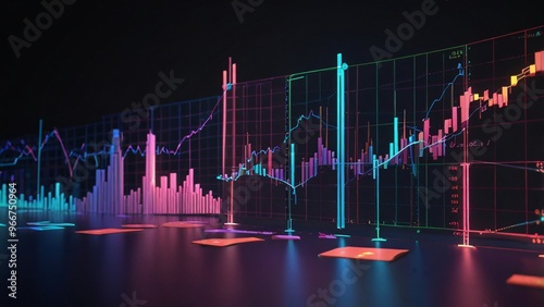 Neon Stock Market Charts with Glowing Lights on a Dark Background