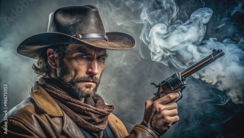 Closeup of desperado outlaw cowboy with raised pistol and gunsmoke, cowboy, outlaw, desperado, wild west, closeup, gun, pistol