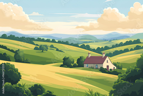 A serene landscape featuring rolling hills, a quaint house, and lush greenery under a blue sky.