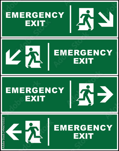 Emergency exit evacuation route point sign bundle, safety gathering point signboard, vector illustration.