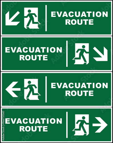 Emergency evacuation route point sign bundle, safety gathering point signboard, vector illustration.