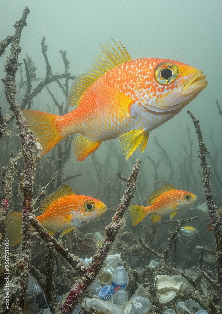 Fototapeta premium Stunning underwater image featuring three orange fish swimming among coral reef with visible ocean pollution and plastic waste