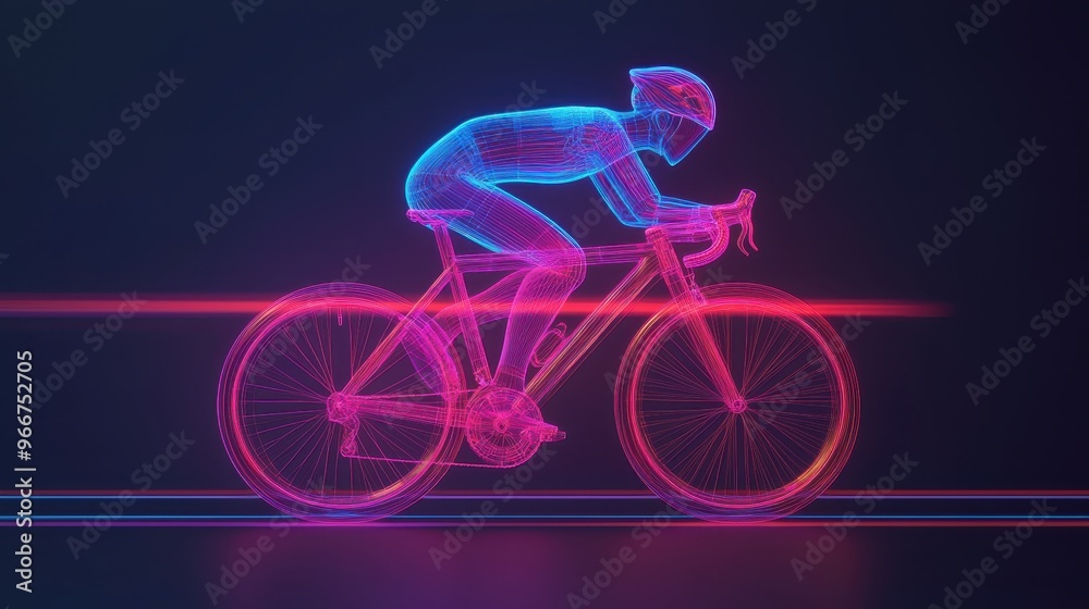 Fototapeta premium Futuristic Cycling Experience with Transparent Bikes and Holographic Race Indicators, Copy Space Available
