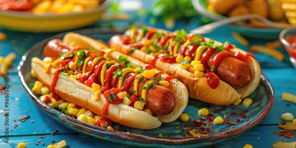 Tasty small hot dogs paired with thinly sliced potatoes, sweet corn, and tomato sauce on a colorful table. Tasty small hot dogs paired with thinly sliced potatoes, sweet corn, and tomato sauce on a colorful table.