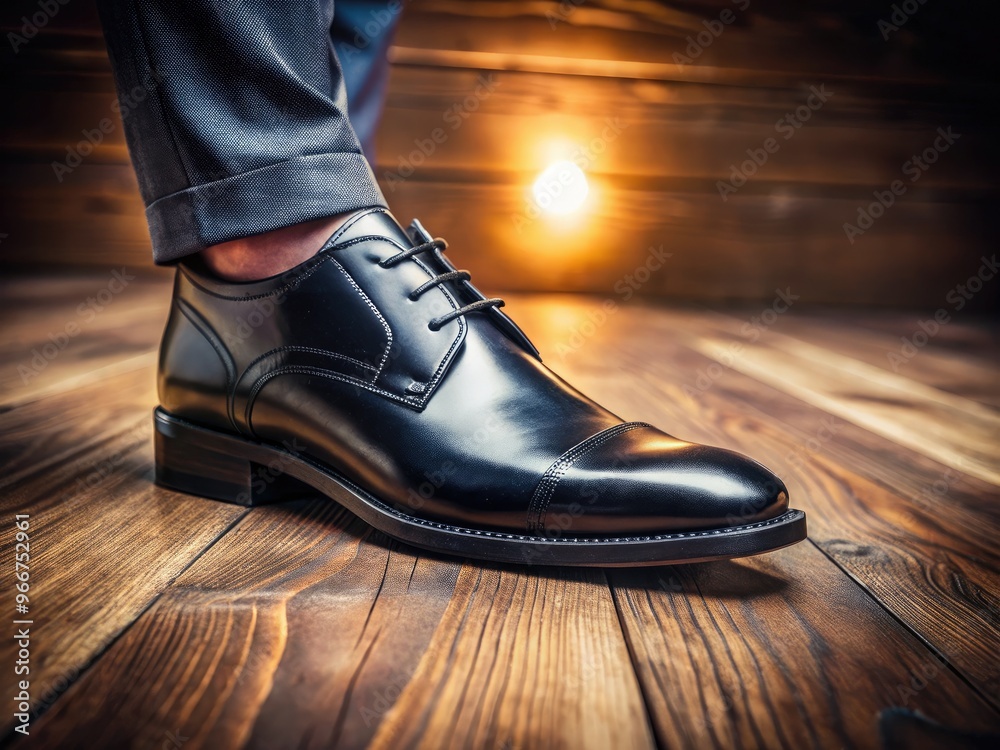 A close-up shot of a masculine foot in a sleek, black leather shoe, placed on a rough, wooden floor, with subtle lighting and shadows. A close-up shot of a masculine foot in a sleek, black leather shoe, placed on a rough, wooden floor, with subtle lighting and shadows.