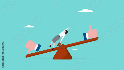 client dissatisfaction, poor performance or carelessness works, evaluation concept, businesswoman falling off a seesaw because his thumb down is heavier than his thumb up