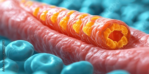 High-resolution microscopic view of a parasitic worm in the human body showcasing intricate details of its segmented structure amidst surrounding cells photo