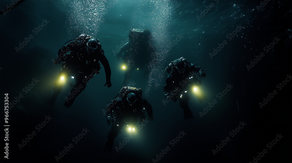 Divers with Lights Descending into Deep Ocean Abyss
Divers with Lights Descending into Deep Ocean Abyss