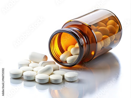A close-up view of a medication bottle and pills on a white background, highlighting a dopamine receptor agonist used to treat hormonal disorders. photo