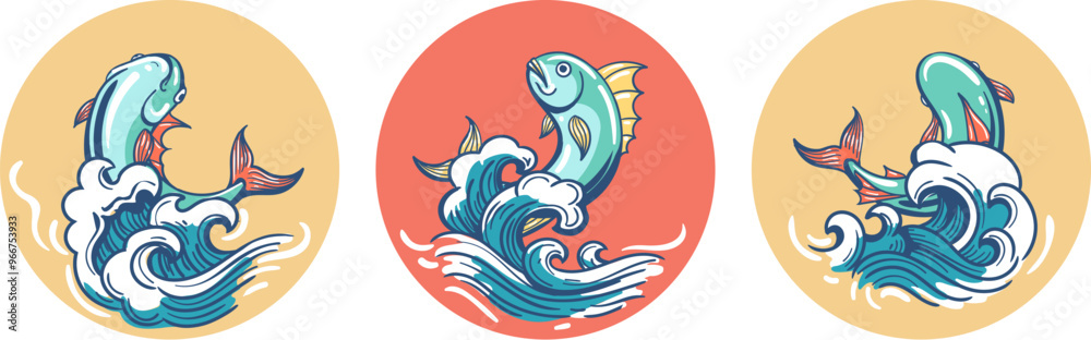 Naklejka premium Jumping fish retro label set