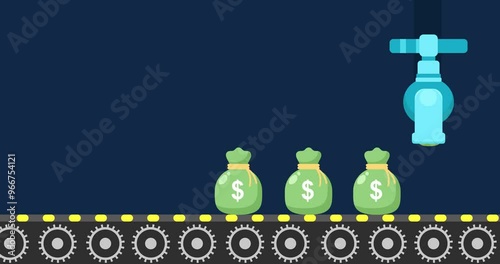Money Bag Animation Flowing Out Faucet. Concepts of business, investment, and passive income in 4K